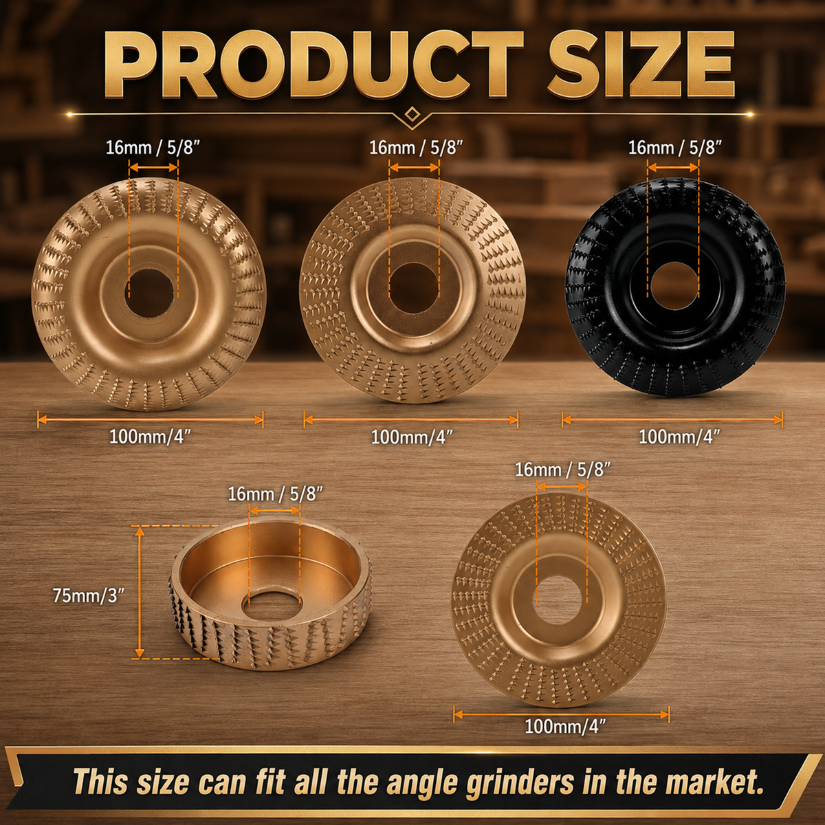 Angle Grinder Polishing Pad, 5PCS Wood Carving Disc Set with Gloves, Carbon Steel Grinding Shaping Wheel for 4-1/2 Inch Grinder, Stump Sanding Polishing Kit