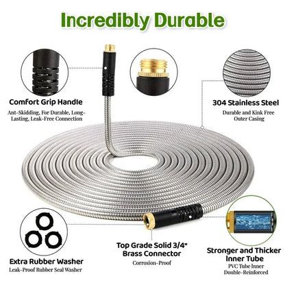 Sevenlady Metal Garden Hose 50ft, 304 Stainless Steel Garden Hose, Heavy Duty Water Hoses with 10 Function Hose Nozzle, Flexible, No Kink & Tangle, Puncture Proof Hose for Yard, Outdoors, Rv