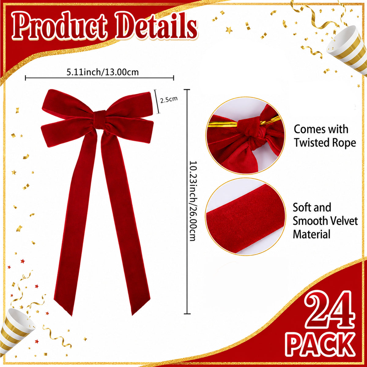 PUCACHI 24Pcs Red Velvet Ribbon Christmas Bows for Christmas Tree,5 x 10in Xmas Ornaments for Tree Front Door Wreath Holiday Gift Wrapping Bows