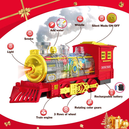 Christmas Train Set, Electric Train Toys with Smoke, Lights, Sounds, Rechargeable Toy Train Steam Locomotive with Cargo Cars & Tracks Christmas Birthday Toy Train Gifts for Age 3-7 Kids