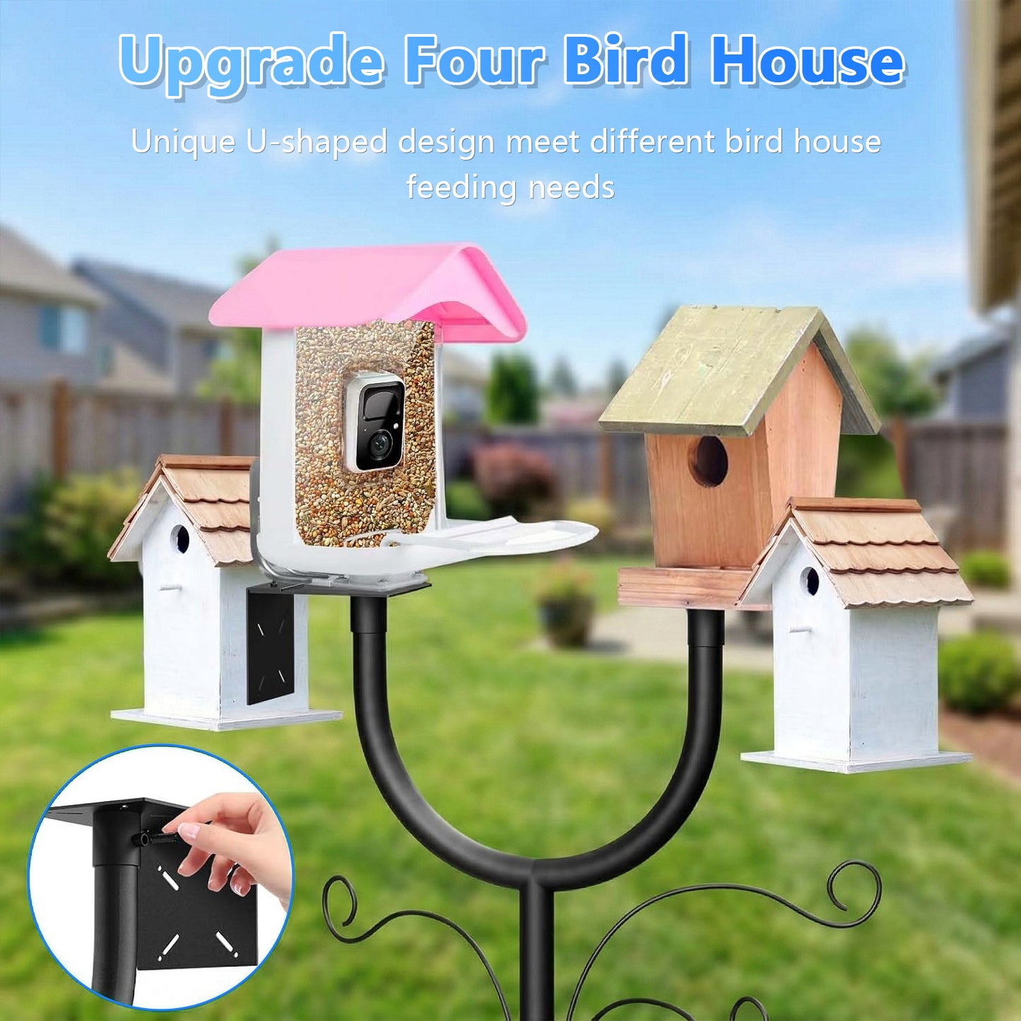 Teblint 108" Bird Feeding Station, Heavy Duty Bird Feeder Pole Bird House Stand Mount Kit w/ Squirrel Proof Baffle Upgraded U-Shape Platform 4 Shepherd Hooks Adjustable Feeder Stand for Outdoor
