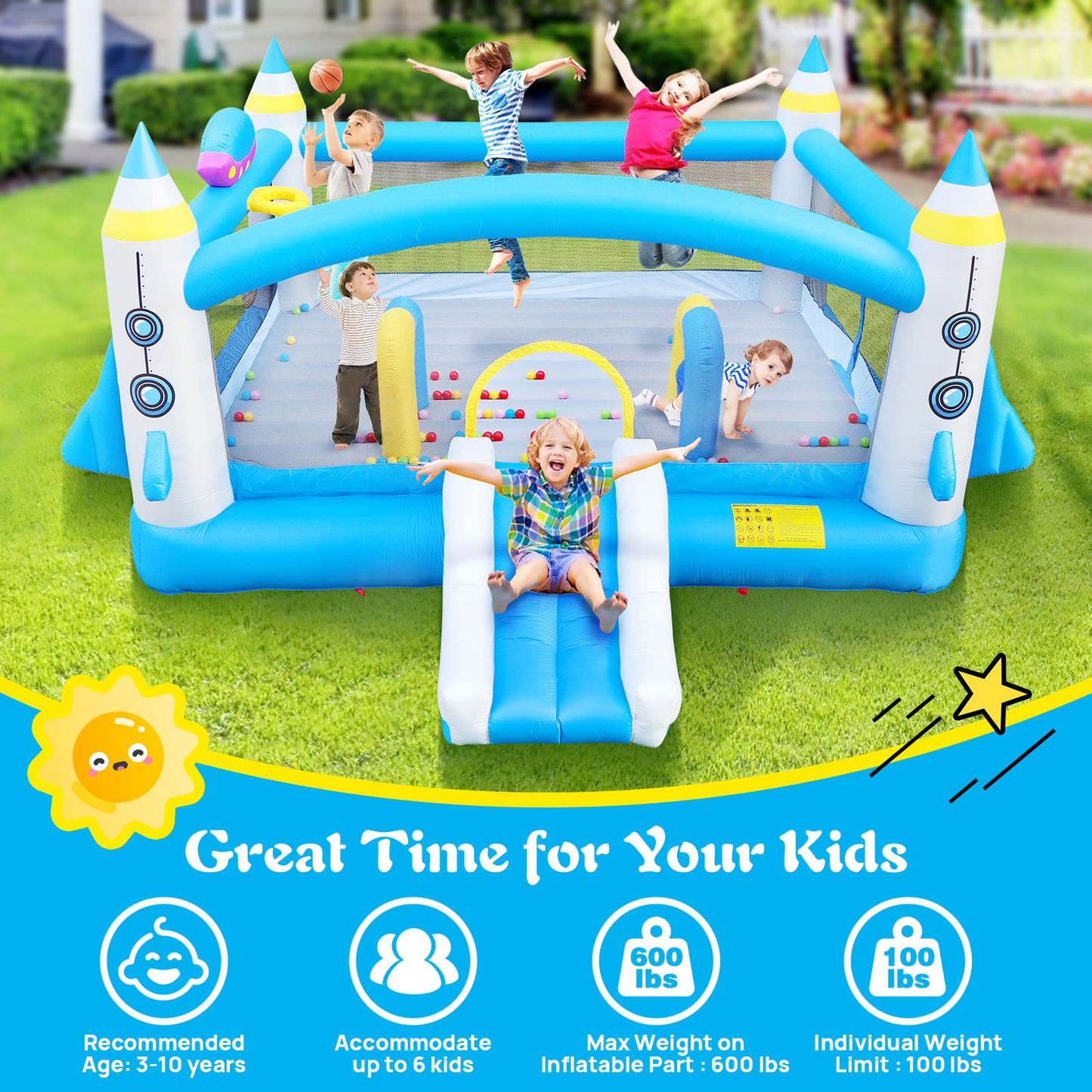 WHATOOK Bounce House for Kids Multifunctional Jump 'n Slide Kids Inflatable Bounce with Blower, 198" x 180" Play Area x 96" Tall, Basketball Hoop, Target Game, A Wealth of Accessories