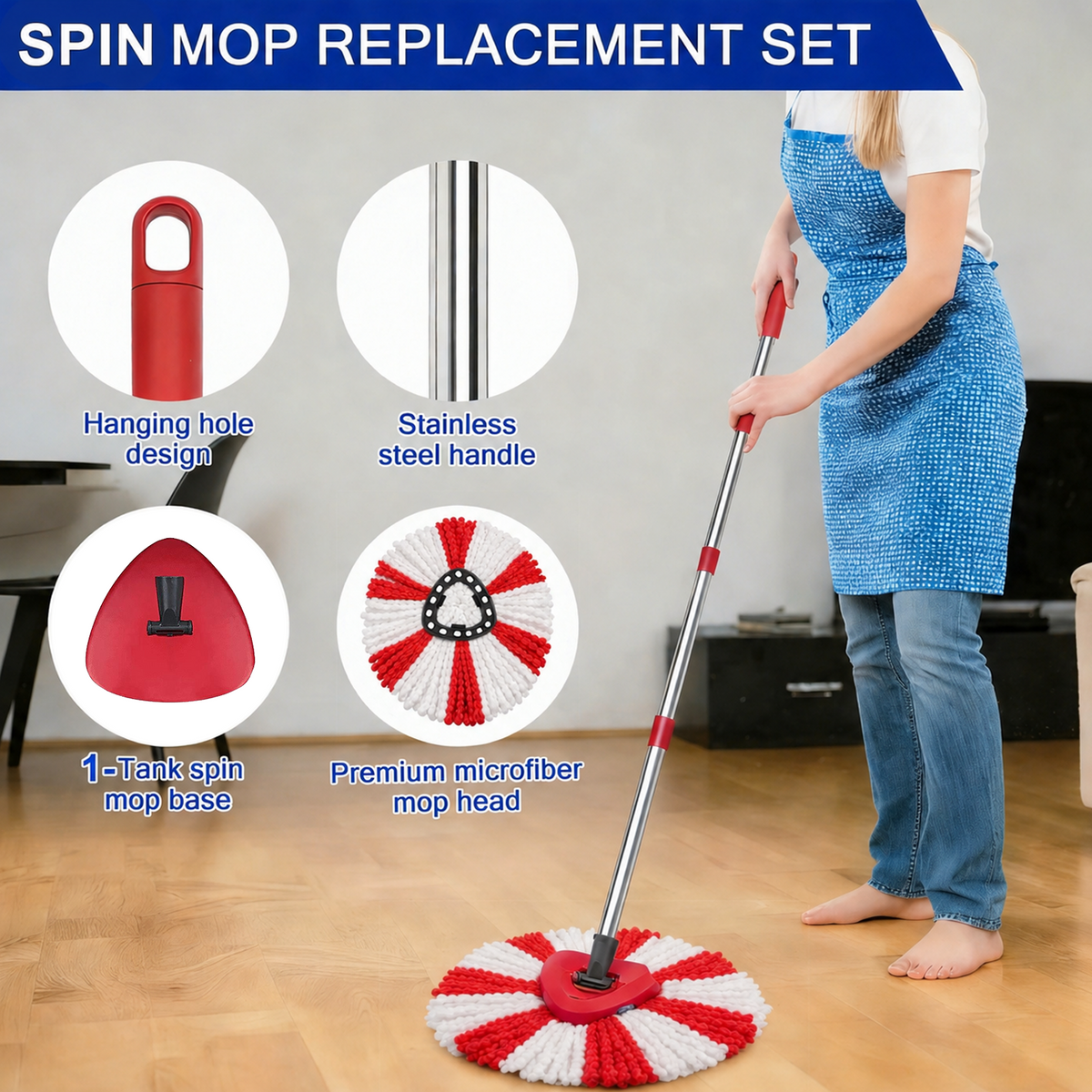 Merryhome Spin Mop Accessory,Spin Mop Replacement Heads 4 Pack with 1 Triangle Base and 58 inches Long Handle,Machine Washable