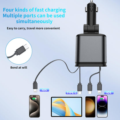 Teblint Retractable Car Charger, 66W 4 in 1 Fast Charging Car Phone Charger, with iPhone and Type C Cable and 2 Charging Ports Car Charger Adapter, for iPhone 15/14/13/12/11, Galaxy, Pixel