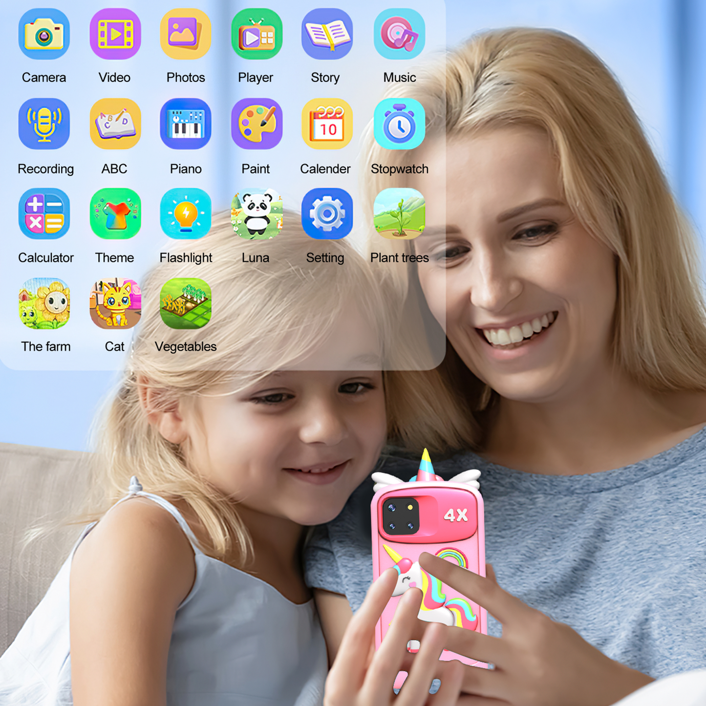 Merryhome Kids Smart Phone for Girls with 4.0" Large Touchscreen, 32G Card Christmas Birthday Gifts for Age 3-10 Kid Toys Cell Phone with Holographic Pyramid, Dual Lens, Music Player Pink