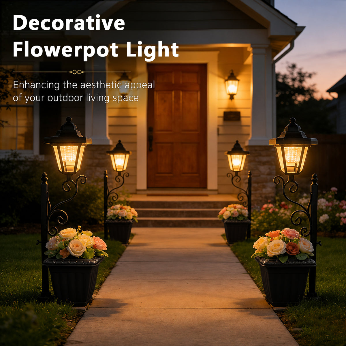 Merryhome 2Pack Solar Lamp Post with Planter,Solar Planter Lights with Ground Stake,IP44 Waterproof Warm White Light,Dusk-to-Dawn Lighting,Decorative Lamp for Lawn Patio Deck Front/Back Door