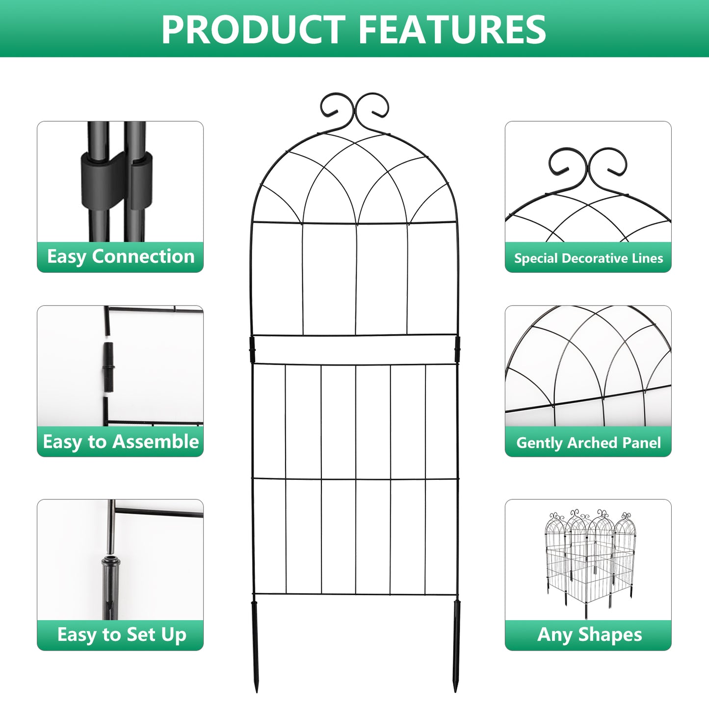 Decorative Garden Fence 10 Pack,Garden Trellis for Climbing Plants, 38.3in H x 12in W Metal Panel, Outdoor Wrought Iron Trellis for Vines, Flowers, Vegetable Garden Support
