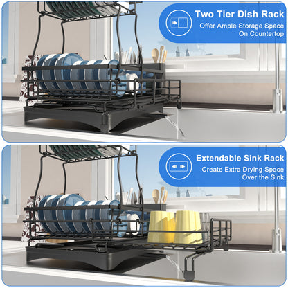 Teblint 2 Tier Dish Racks for Kitchen Counter, Expandable Dish Drying Rack with Dish Drainer, Detachable Dish Dryer for Kitchen Organizer, Rust-Resistant Dish Rack Drain Set with Utensil Holder