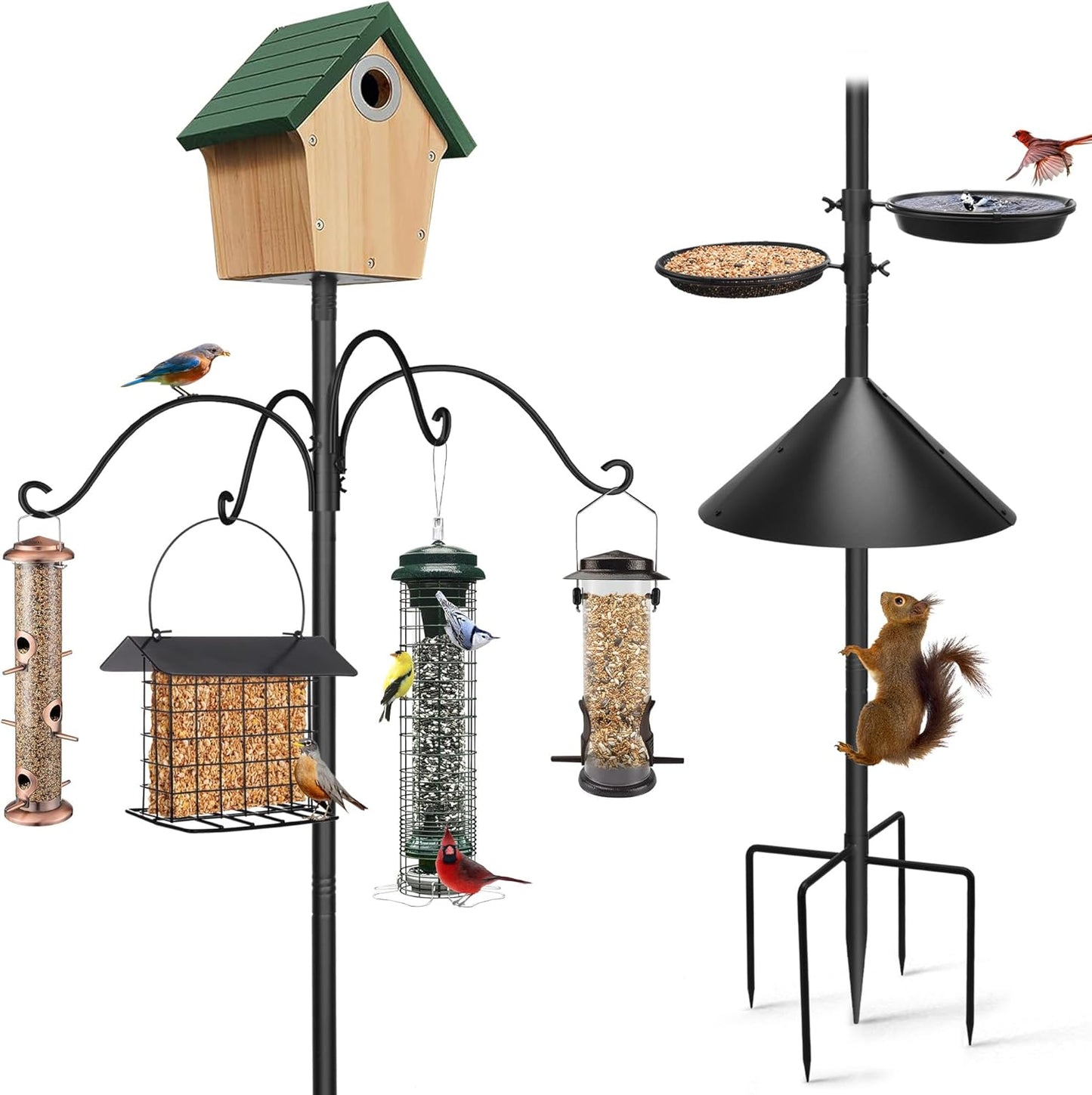 92in Bird Feeding Station, Heavy Duty Bird Feeder Pole Bird House Stand Mount Kit w/ Squirrel Proof Baffle & 4 Shepherds Hooks, Adjustable Feeder Stand for Outdoor Garden Wild Birds Watching