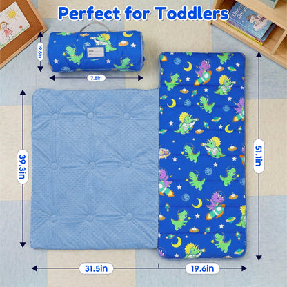 Teblint Thickened Toddler Nap Mat with Removable Pillow & Minky Blanket, 51''x20'' Sleeping Bag, Washable, Roll up, Perfect for Daycare, Preschool, Kindergarten, Boys and Girls Blue