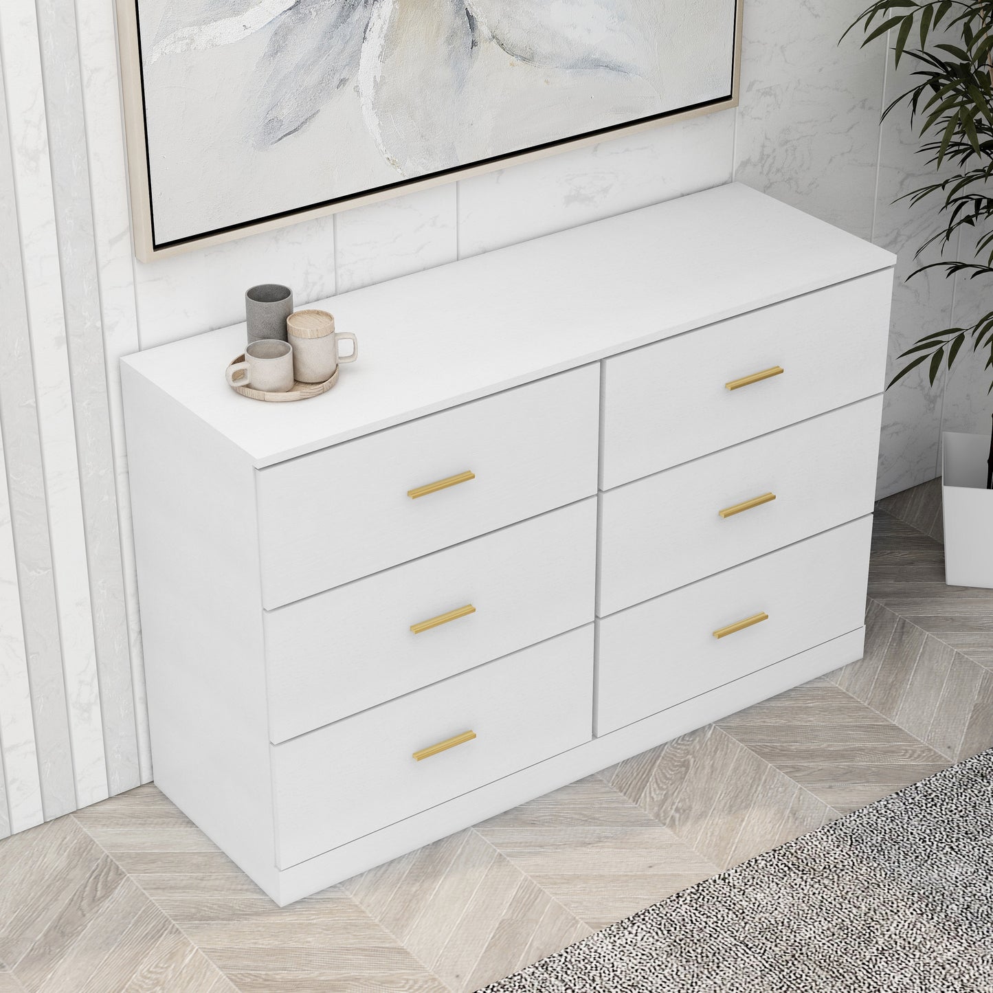 WHATOOK Modern White 6-Drawer Dresser For Bedroom - Ample Storage Wide Chest Of Drawers, Sturdy & Safe Natural Engineered Wood Furniture Primary Living Space Cabinets