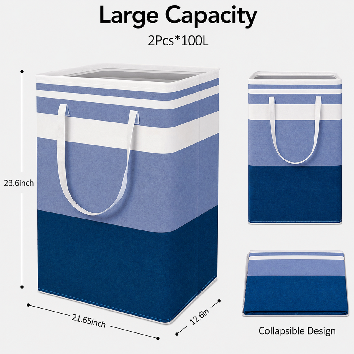 PUCACHI 2 Pack 100L Laundry Hamper Collapsible-Large Laundry Baskets,Freestanding Waterproof Clothes Hamper with Easy Carry Handles in Laundry Room Bedroom Bathroom College Dorm for Adults,Blue