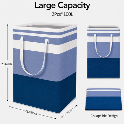 PUCACHI 2 Pack 100L Laundry Hamper Collapsible-Large Laundry Baskets,Freestanding Waterproof Clothes Hamper with Easy Carry Handles in Laundry Room Bedroom Bathroom College Dorm for Adults,Blue