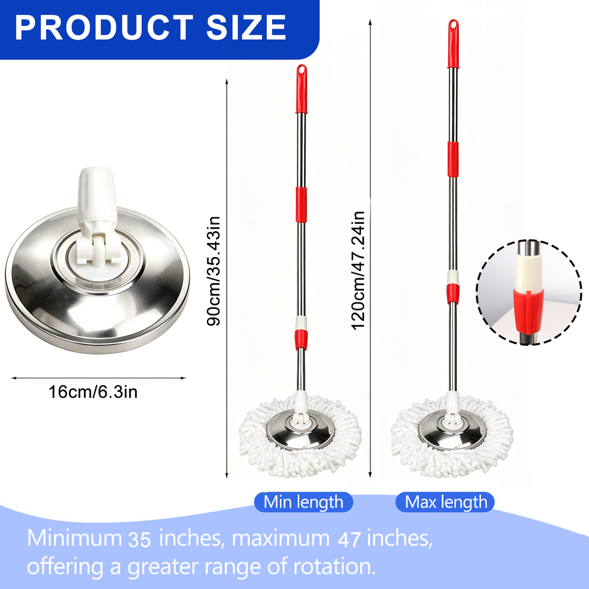 Spin Mop Replacement Handle,47 inch 360°Rotating Telescopic Replacement Mop Stick with 1 Stainless Steel Disc Base - 3 Microfiber Mop Replacement Heads,Suitable for Floors,Walls,Outdoor Areas