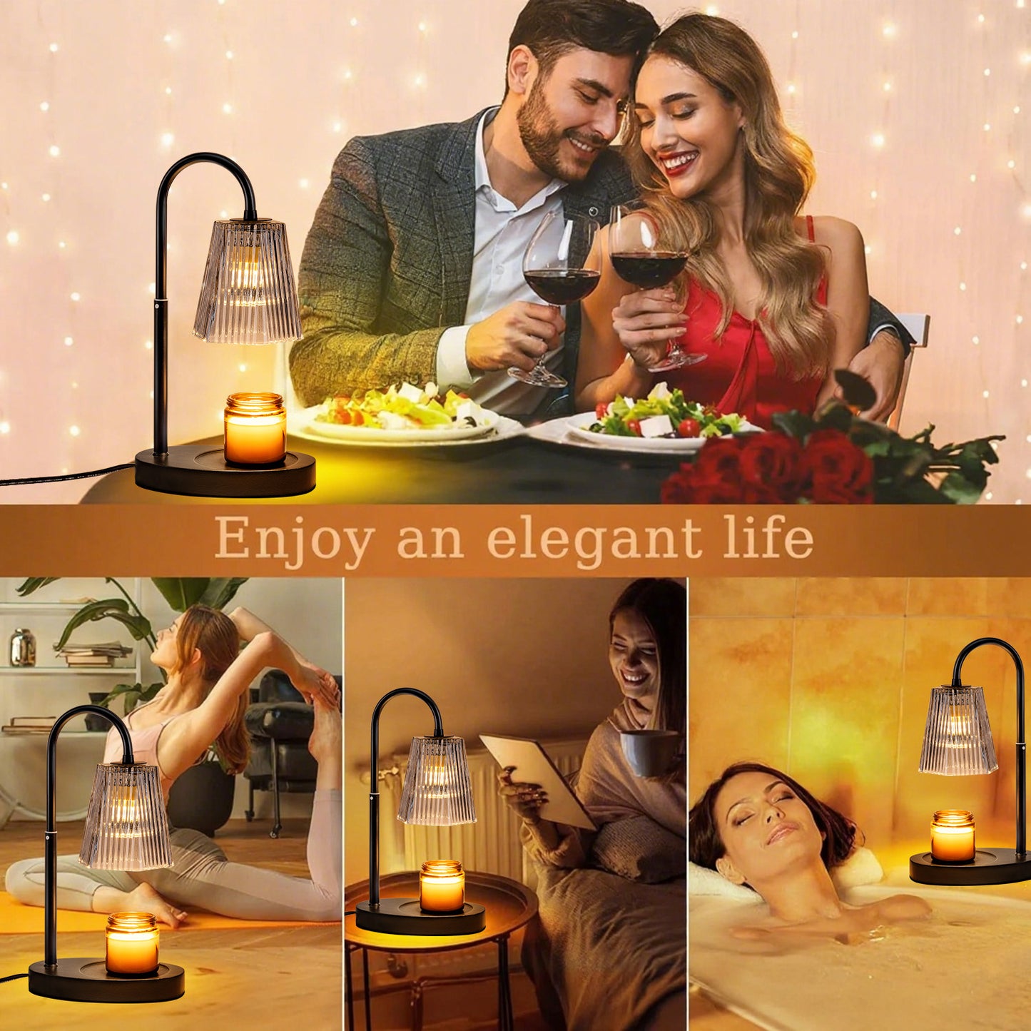 Candle Warmer Lamp with Timer,Dimmable & Adjustable Height Wax Melts Warmer,Top Down Melting for All Jar Candles,Black (Includes 2 Halogen Bulbs)