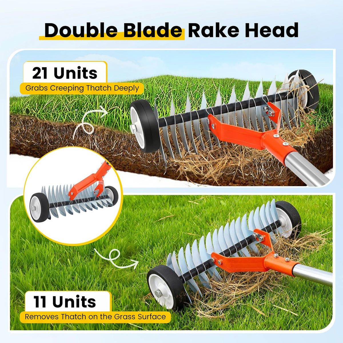 Merryhome Thatch Rake with Wheels,37-65.35'' Adjustable Dethatching Roller Rake,Adjustable 0-12° Angle Stainless Steel Blades Heavy Duty Dethatcher,21 Tines Garden Rake for Moss,Grass,Leaves,Debris(Orange)