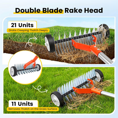 Merryhome Thatch Rake with Wheels,37-65.35'' Adjustable Dethatching Roller Rake,Adjustable 0-12° Angle Stainless Steel Blades Heavy Duty Dethatcher,21 Tines Garden Rake for Moss,Grass,Leaves,Debris(Orange)