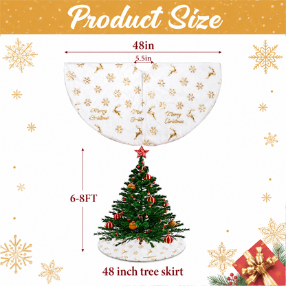 PUCACHI 48in Christmas Tree Skirt,White Faux Fur Christmas Tree Skirt with Gold Sequin Snowflakes & Deers,Large Plush Tree Skirts for Xmas Holiday Party Decorations