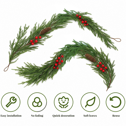 PUCACHI 2 Pcs 6 Ft Christmas Garland,Artificial Norfolk Pine Garlands with Red Berries Pinecone,Artificial Greenery Garland for Table,Mantle,Indoor,Outdoor Christmas Decorations（Green）