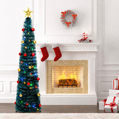 PUCACHI Pop Up Christmas Tree with Lights & 30 Balls,5Ft Collapsible Christmas Tree,Green Artificial Tinsel Pencil Xmas Trees for Indoor Home Office Party Christmas Decorations