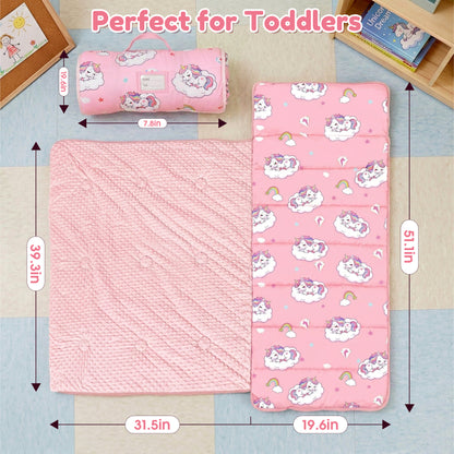 Teblint Thickened Toddler Nap Mat with Removable Pillow & Minky Blanket, 51''x20'' Sleeping Bag, Washable, Roll up, Perfect for Daycare, Preschool, Kindergarten, Boys and Girls Pink