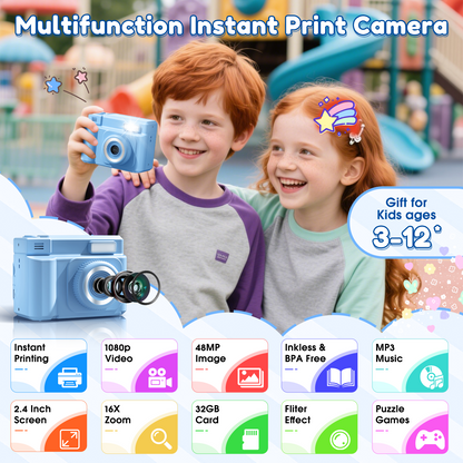 Teblint 2.4" Kids Camera Instant Print, 48MP & 1080P HD Digital Camera with 32GB Card, 4-Color Print Paper, Christmas Birthday Gifts for Boys & Girls Age 3-12, Blue