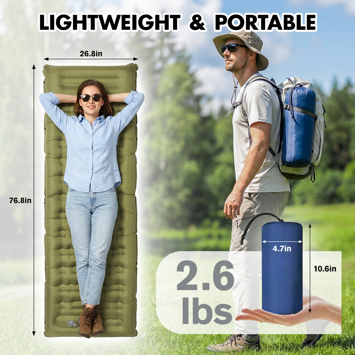 Merryhome Sleeping Mat for Camping,6" Extra-Thick Reinforced Sleeping Pad with Pillows & Built-in Foot Pump,Ultralight Self Inflating Air Mattress Mat for Tent Hiking Essentials Gear（Single,Green）
