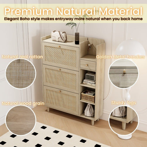 Natural Bohemia Style Shoe Cabinet, Shoe Rack Cabinet with 3 Rattan Flip Drawers,3 Square Shelves and 1 Storage Drawer, Shoe Organizer with Mulit Storage Space and Hooks for Hallway, Entryway