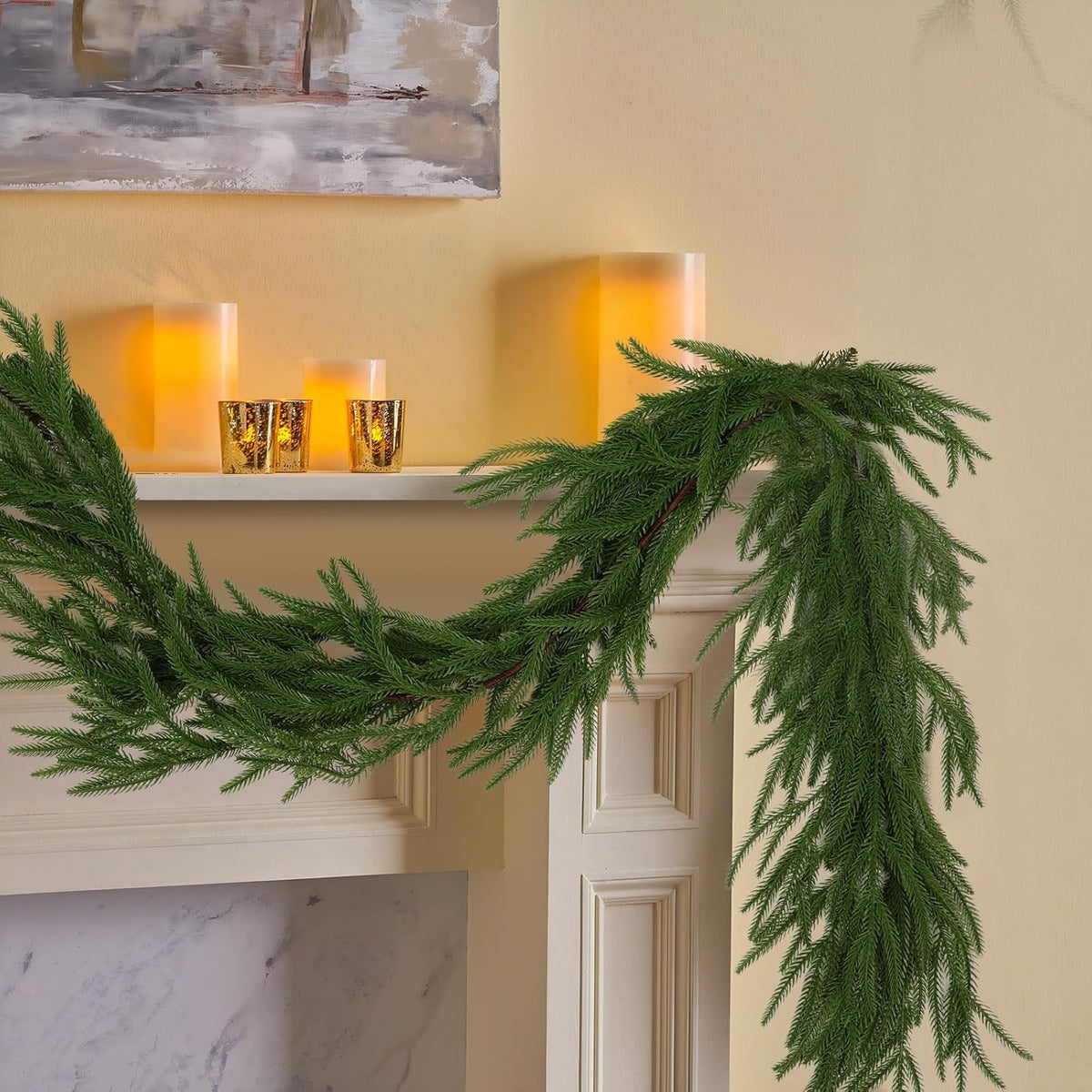 PUCACHI 2 Pcs 6 Ft Christmas Garland,Artificial Norfolk Pine Garlands,Real Touch Winter Pine Garland,Artificial Greenery Garland for Table,Mantle,Indoor,Outdoor Christmas Decorations（Green）