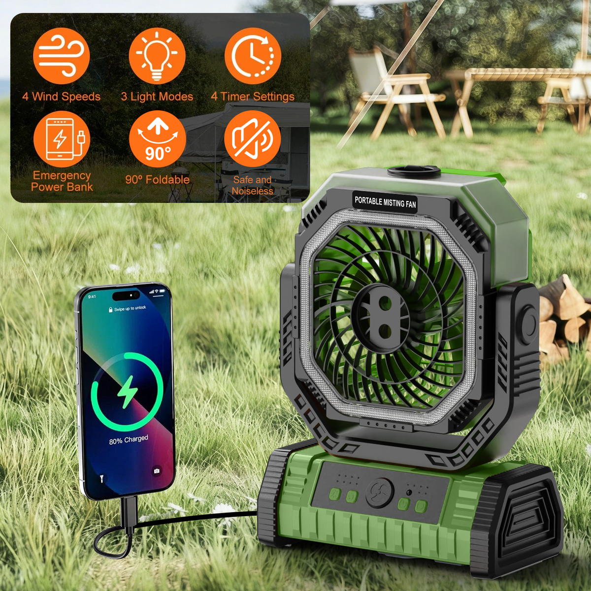Merryhome 10000mAh Portable Camping Misting Fan,Oscillating Camping Fan with Light,Rechargeable Fan with 9oz Water Tank,4 Speed & 4 Timer Settings Outdoor Fan for Camping（Green） ﻿ ﻿