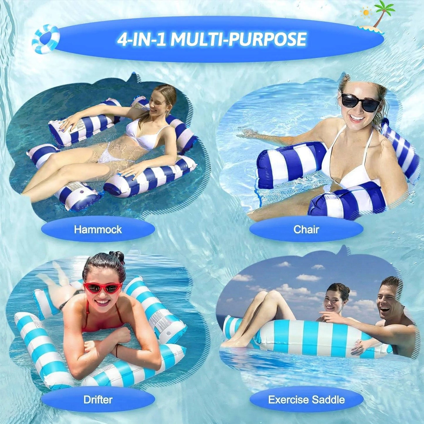 Teblint 4-in-1 Inflatable Pool Floats Adult, 2pack Multi-Purpose Water Hammock, Floating Lounger for Swimming Pool Lake Beach, Adults Vacation Fun and Rest(Dark Blue+Sky Blue)