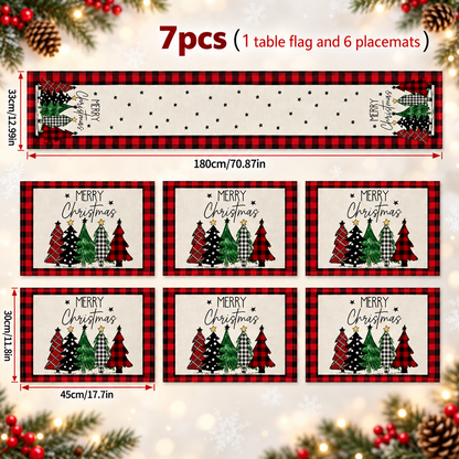 Christmas Placemat Set, 7 Pcs Christmas Table Decor, 6 Placemats with 1 Table Runner, Christmas Tree Pattern, Washable Xmas Kitchen Dining Table Decoration for Holiday Party