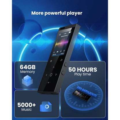 128GB Support MP3 Player, Music Player with Bluetooth 5.2 HiFi Sound, Touch Screen, FM Radio, Built-in HD Speaker, Voice Recorder, Mini Design Ideal for Sport (Earphones Included)