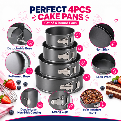 Cake Pan Set of 4, 5/5.5/6/7inch , Non-Stick Leak-Proof Cheesecake Pan for Baking, Black