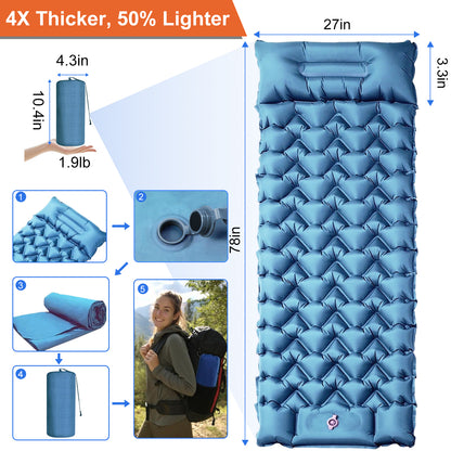 Henotian Camping Sleeping Pad, Ultralight Camping Mat with Pillow Built-in Foot Pump Inflatable Sleeping Pads Compact for Camping Backpacking Hiking Traveling Tent