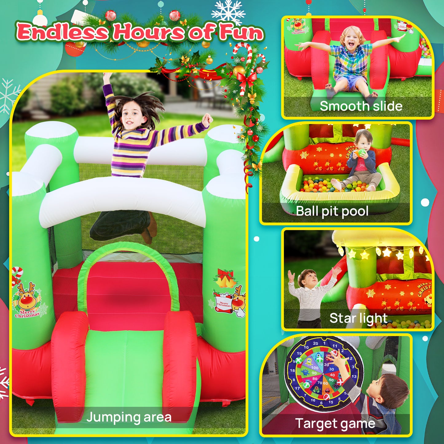 Christmas Jump 'n Slide Inflatable Bouncer for Kids Complete Setup with Blower - 80" x 91" Play Area - 55" Tall, Inflatable Bounce House, Portable Multifunctional Bouncy House for Kids Outdoor