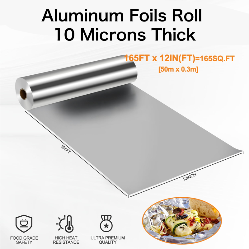 Aluminum Foil,Aluminum Foils Roll,Aluminum Food Wrap for Baking,Cooking and Grilling,Food Service Tin Foil,10 Micron & 12inx165SQ.FT,1 Count