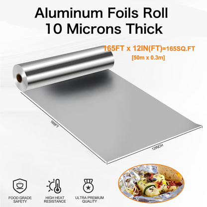 Aluminum Foil,Aluminum Foils Roll,Aluminum Food Wrap for Baking,Cooking and Grilling,Food Service Tin Foil,10 Micron & 12inx165SQ.FT,1 Count