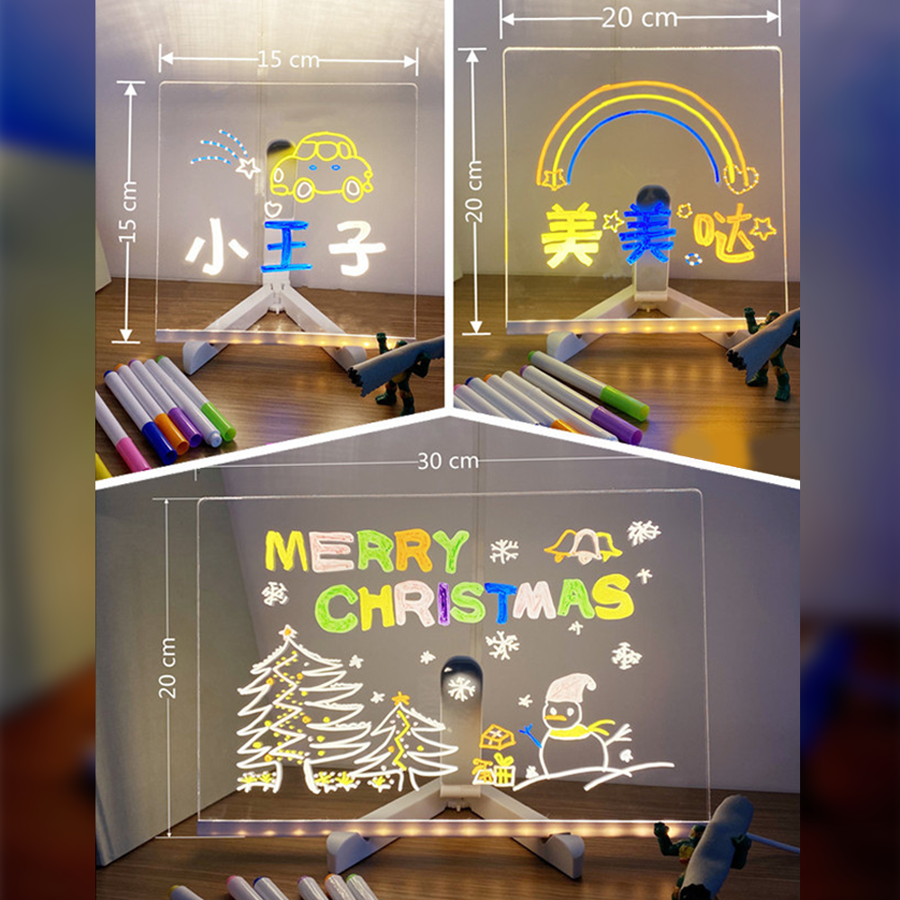 Acrylic Dry Erase Board with Light 7.9 X 7.9in Light up Dry Erase Board with Stand as a Glow Memo LED Letter Message Board led Note Board White Board with 7 Color Pen for Office School Home