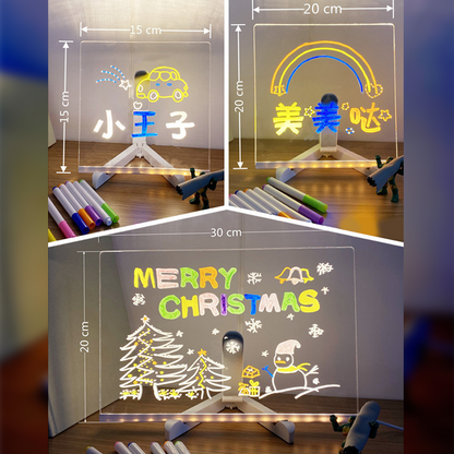 Acrylic Dry Erase Board with Light 7.9 X 7.9in Light up Dry Erase Board with Stand as a Glow Memo LED Letter Message Board led Note Board White Board with 7 Color Pen for Office School Home