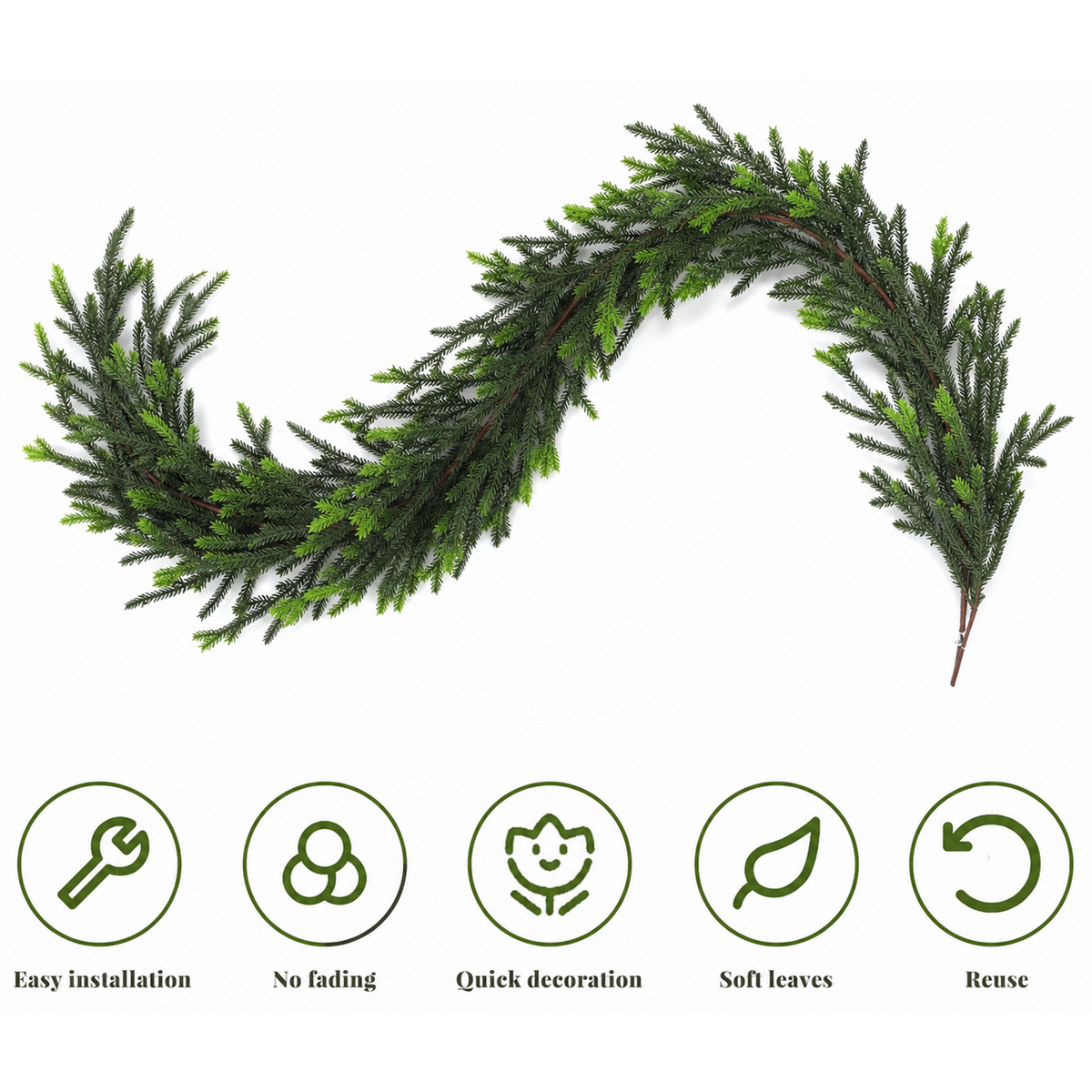 PUCACHI 9 Ft Christmas Garland,Artificial Norfolk Pine Garlands,Real Touch Winter Pine Garland,Artificial Greenery Garland for Table,Mantle,Indoor,Outdoor Christmas Decorations（Green,1Pcs）