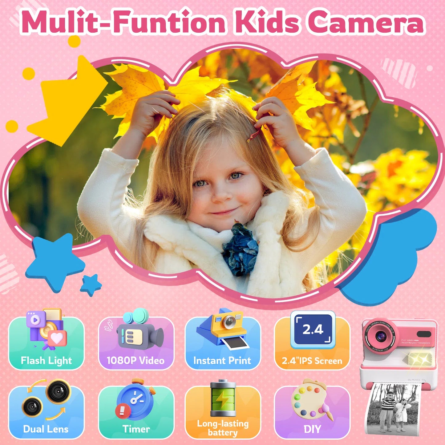 Teblint Kids Camera Instant Print, 2.4 Inch Screen Instant Camera, 1080P HD Digital Video Cameras, Toys for Girls & Boys 3-12 Years, Best Christmas Birthday Gifts (Pink)