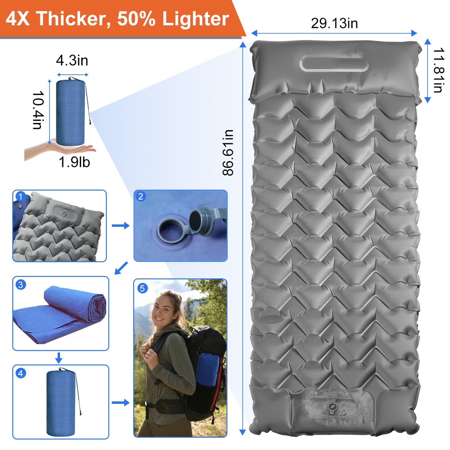 Camping Sleeping Pad, Ultralight Inflatable Air Mattress Built-in Foot Pump, Compact & Waterproof for Camping Backpacking Hiking Traveling Tent - Upgraded Fleece-Lined Version