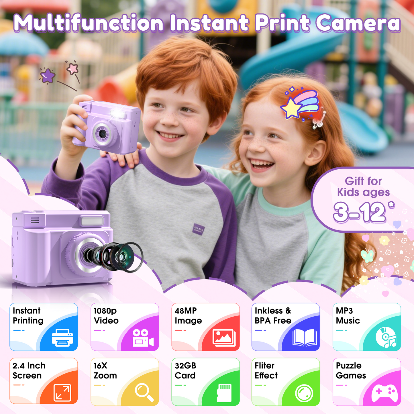 Teblint 2.4" Kids Camera Instant Print, 48MP & 1080P HD Digital Camera with 32GB Card, 4-Color Print Paper, Christmas Birthday Gifts for Boys & Girls Age 3-12, Purple