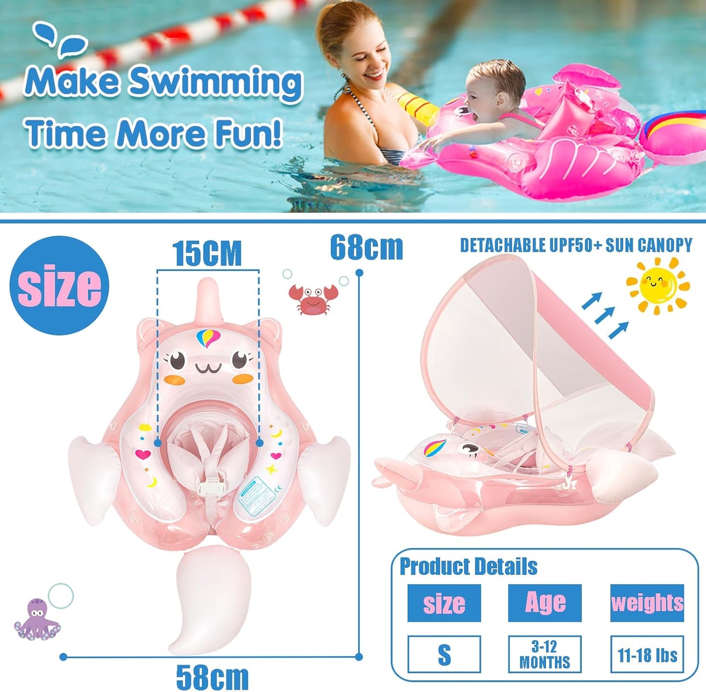 Teblint Baby Swimming Pool Float, Inflatable Baby Pool Toys with UPF 50+ Canopy Safety Seat Anti-Flip Tail, Kids Water Toys Beach Suit Baby Swimming Ring Floating for Toddler Infant