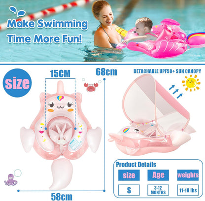 Teblint Baby Swimming Pool Float, Inflatable Baby Pool Toys with UPF 50+ Canopy Safety Seat Anti-Flip Tail, Kids Water Toys Beach Suit Baby Swimming Ring Floating for Toddler Infant