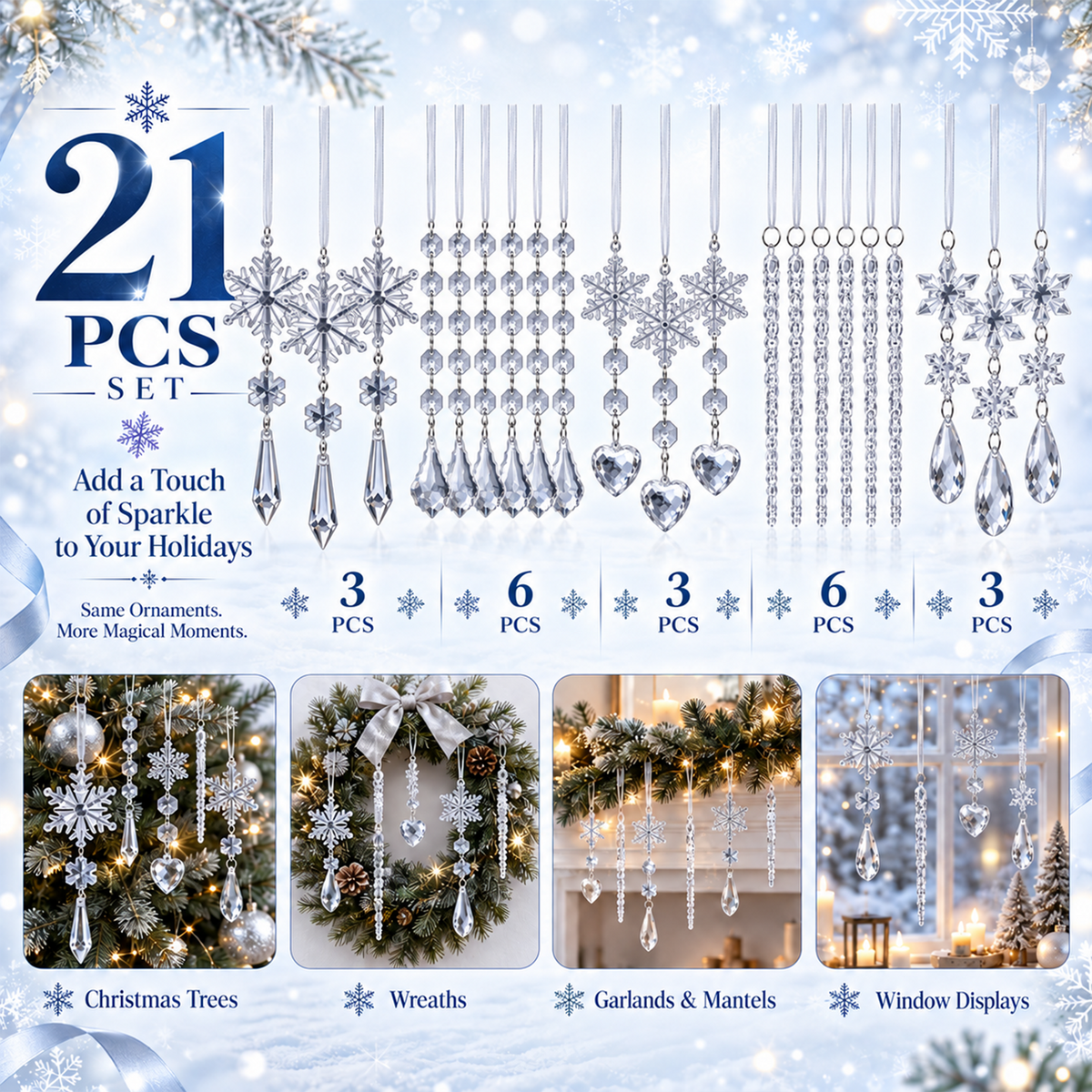 Christmas Decoration Crystal Ornaments, 21Pcs Acrylic Hanging Ornaments, Snowflake Icicle Drop Shaped Decorations for Christmas Tree, Winter Holiday Party