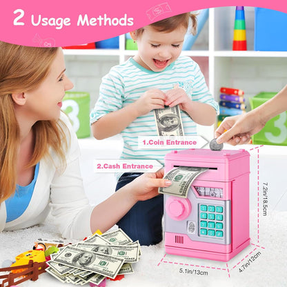 Teblint Piggy Bank for Kids, Electronic Money Bank, ATM Fingerprint Password Money Bank Cash Coins Saving Box with Auto Grab Bill Slot, Perfect Toy Gifts for Boys Girls, Pink