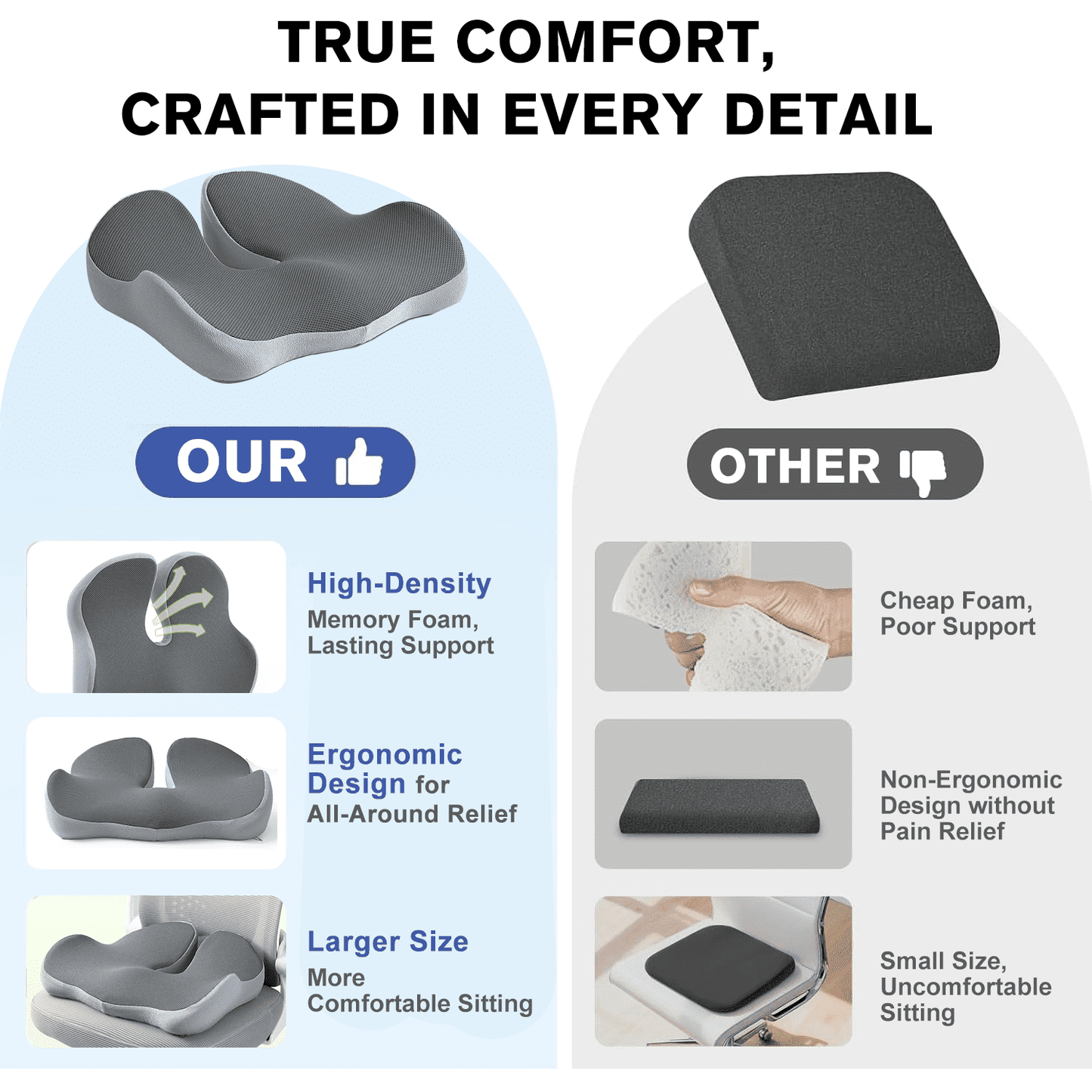 Henotian Memory Foam Seat Cushion for Office Chair, Extra-Thick Ergonomic Chair Cushion for Tailbone, Sciatica & Back Pain Relief, Non-Slip Car Seat Pillow Gray