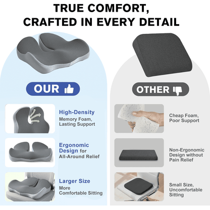 Henotian Memory Foam Seat Cushion for Office Chair, Extra-Thick Ergonomic Chair Cushion for Tailbone, Sciatica & Back Pain Relief, Non-Slip Car Seat Pillow Gray